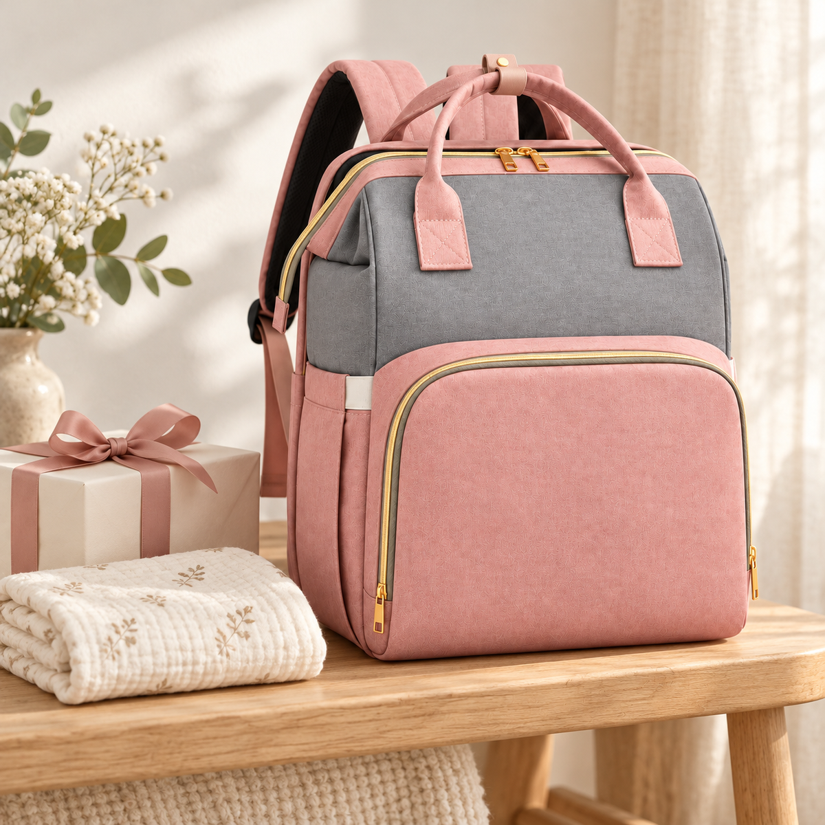 Backpack beside an ivory gift box and blush ribbon — AI-generated brand concept