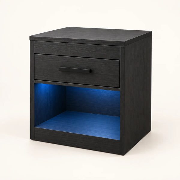 Black HushStand nightstand with the lift-top closed, one drawer, and an open lower shelf with blue LED lighting.