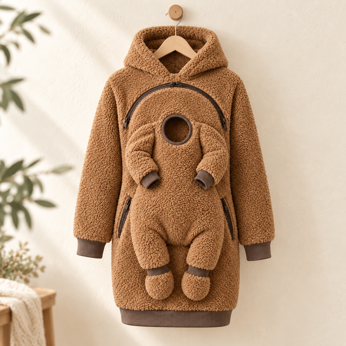 Caramel hoodie hanging on a natural oak peg — AI-generated brand concept