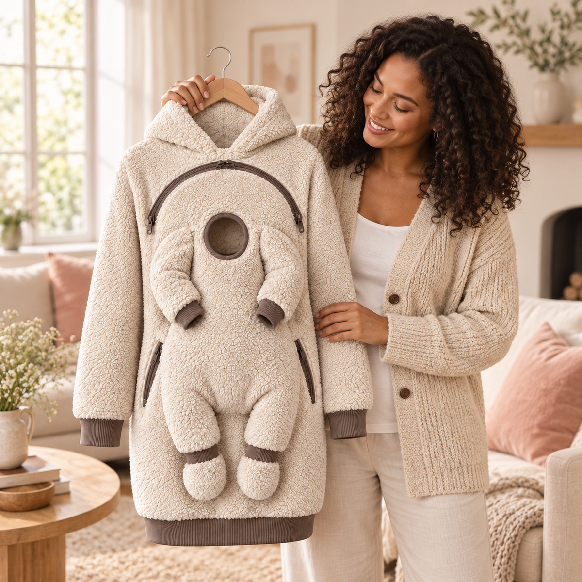 Woman holding the cream hoodie in a sunlit living room — AI-generated brand concept